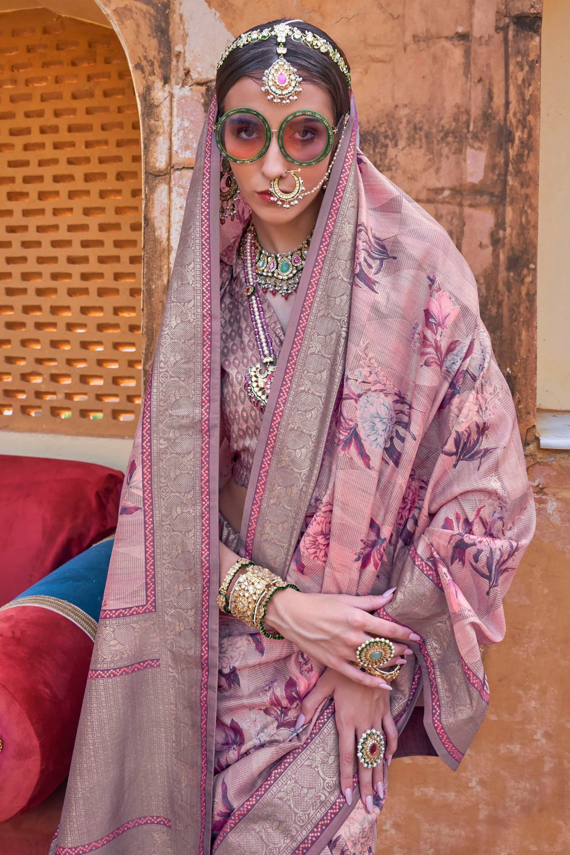 Pink Floral Printed Art Silk Festive Wear Saree With Blouse