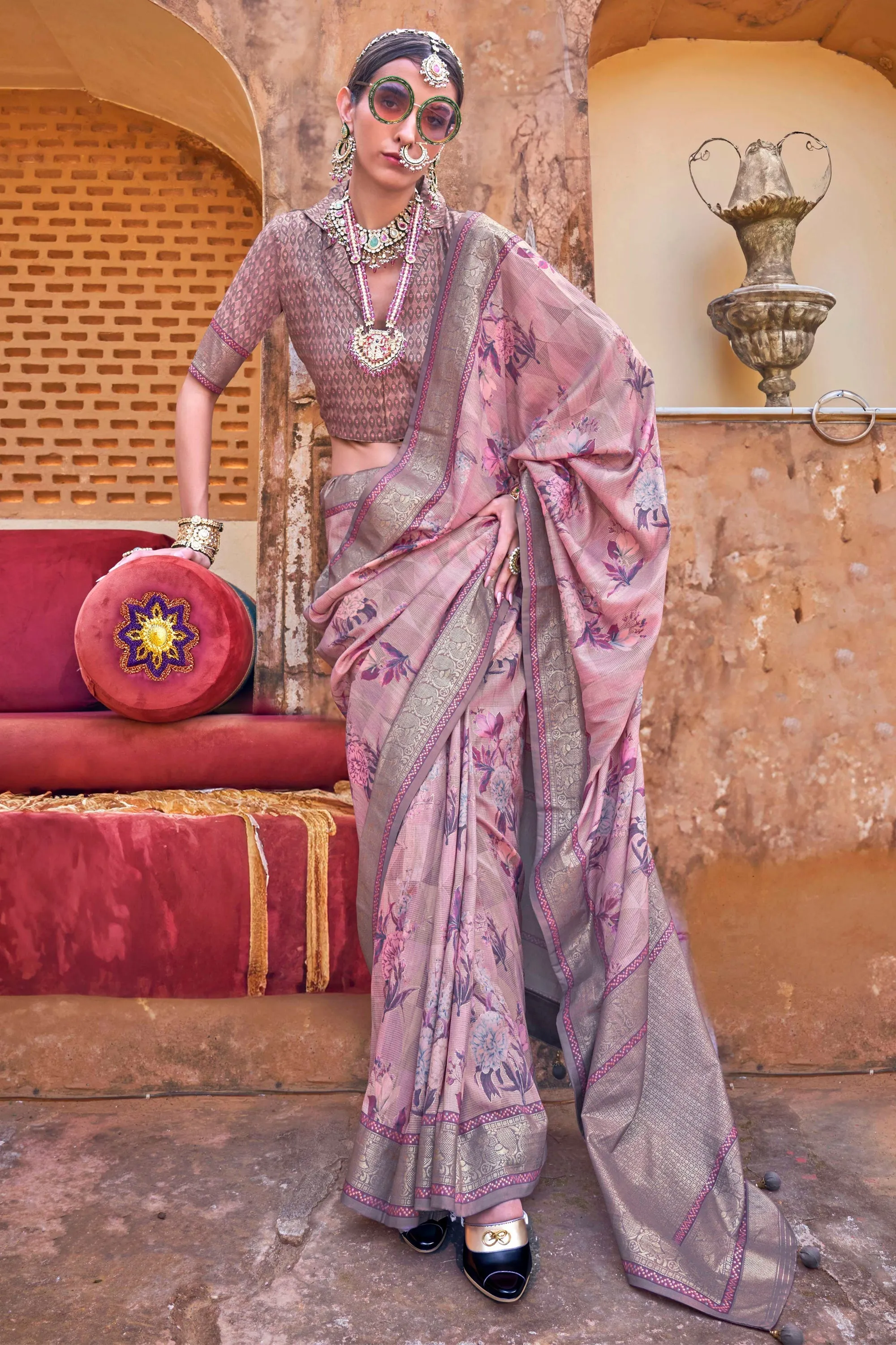 Pink Floral Printed Art Silk Festive Wear Saree With Blouse