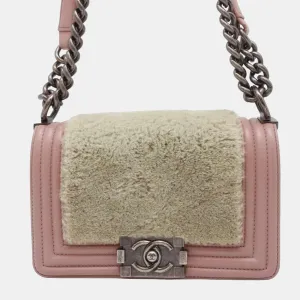 Pink/Beige Leather and Shearling Boy Shoulder Bag
