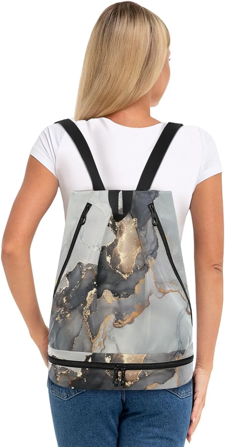 Poeticcity Gym Swimming Drawstring Bags Daypacks Backpack Purse Casual Knapsack Shoulder Bag Sitting Rucksack Abstract Fluid Marble Marbling Art painting Black Grey gold