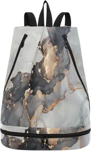 Poeticcity Gym Swimming Drawstring Bags Daypacks Backpack Purse Casual Knapsack Shoulder Bag Sitting Rucksack Abstract Fluid Marble Marbling Art painting Black Grey gold