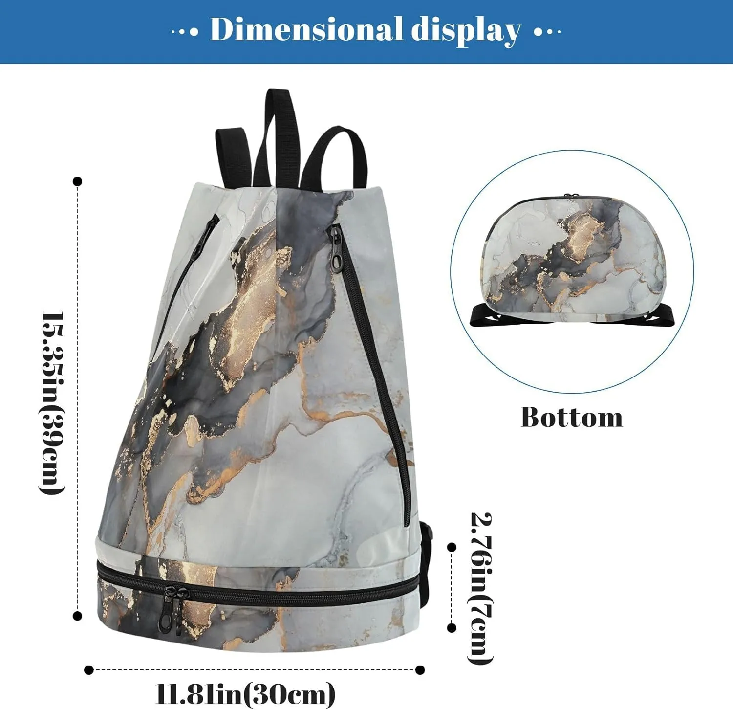 Poeticcity Gym Swimming Drawstring Bags Daypacks Backpack Purse Casual Knapsack Shoulder Bag Sitting Rucksack Abstract Fluid Marble Marbling Art painting Black Grey gold