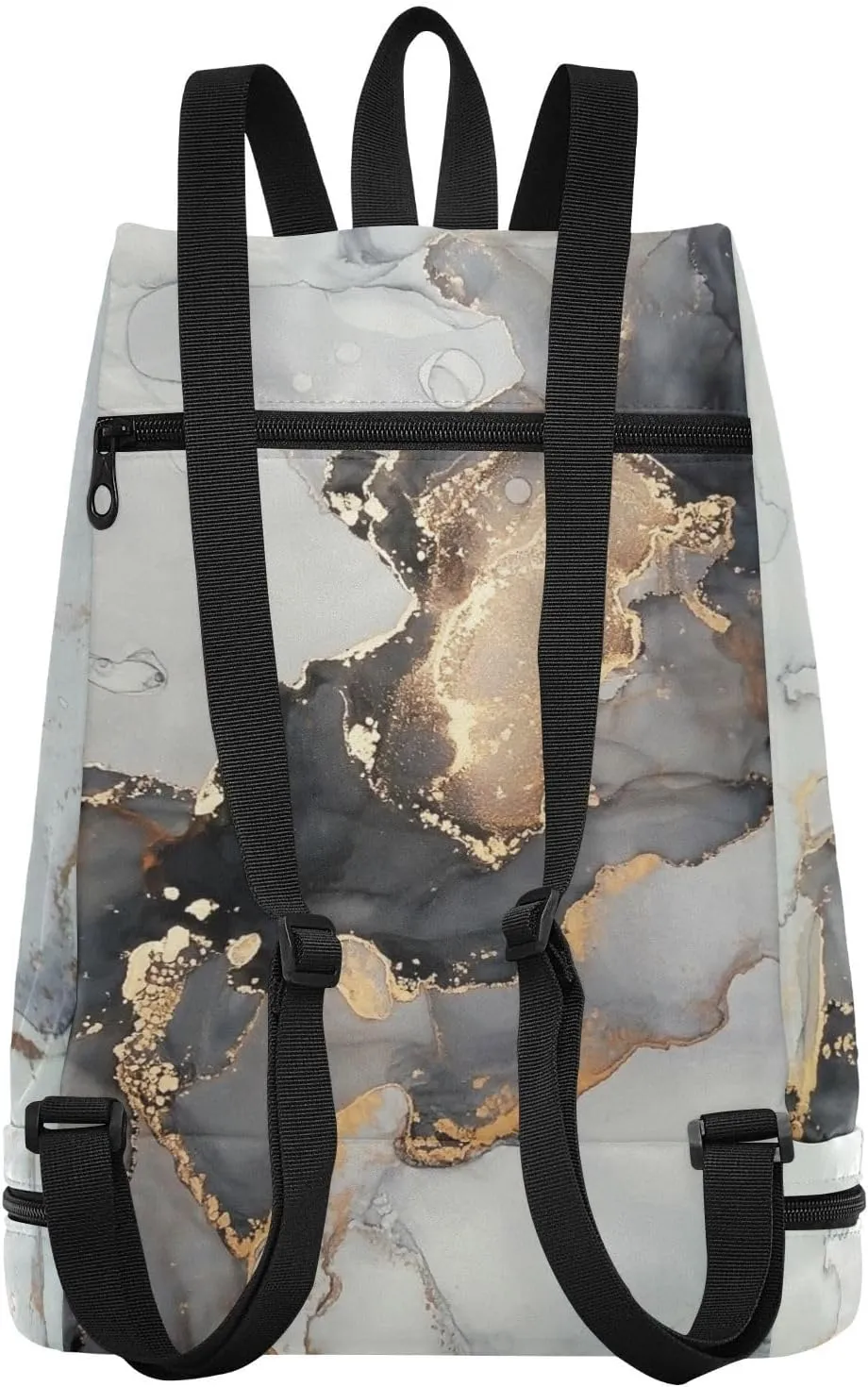 Poeticcity Gym Swimming Drawstring Bags Daypacks Backpack Purse Casual Knapsack Shoulder Bag Sitting Rucksack Abstract Fluid Marble Marbling Art painting Black Grey gold
