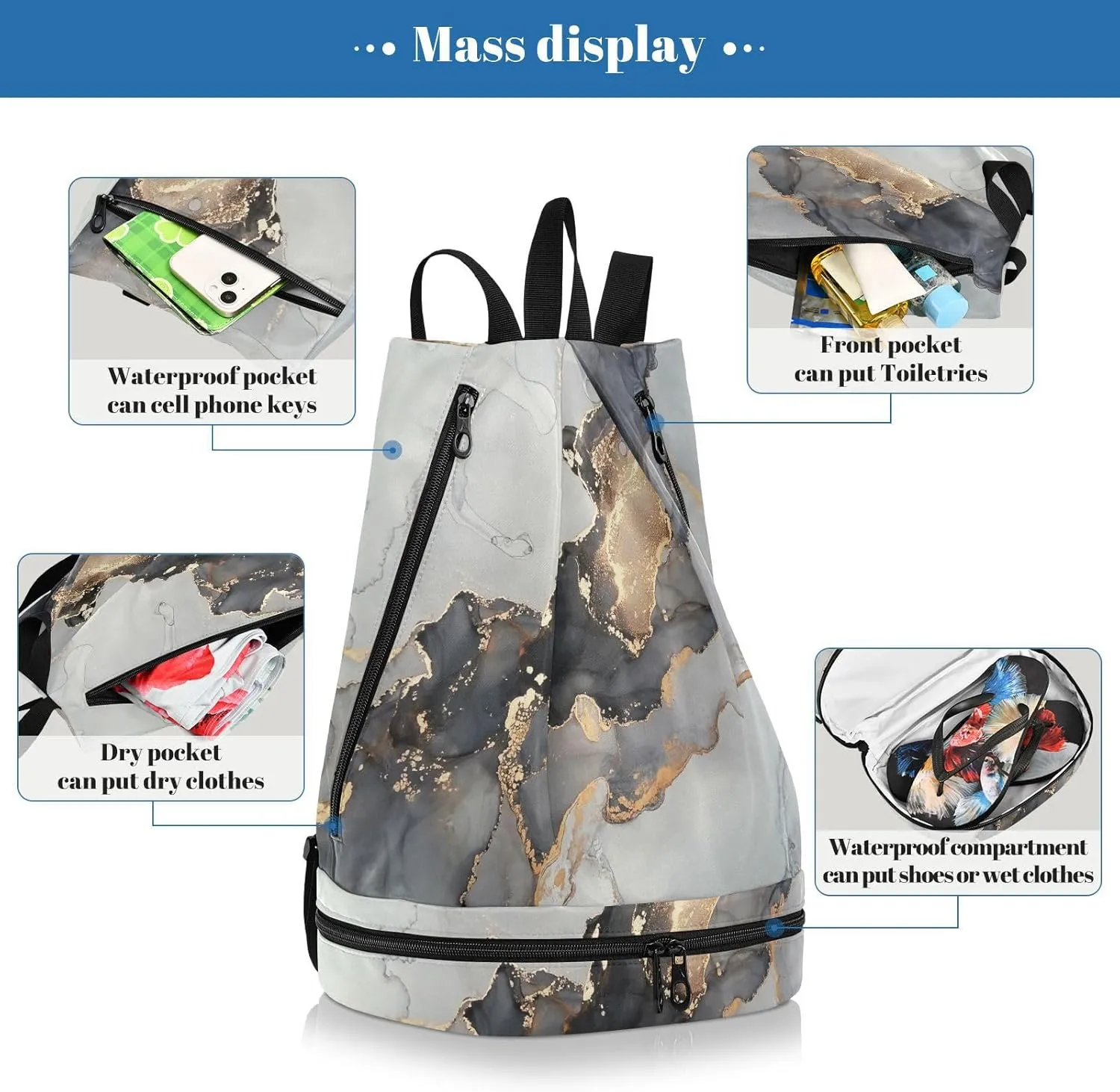 Poeticcity Gym Swimming Drawstring Bags Daypacks Backpack Purse Casual Knapsack Shoulder Bag Sitting Rucksack Abstract Fluid Marble Marbling Art painting Black Grey gold