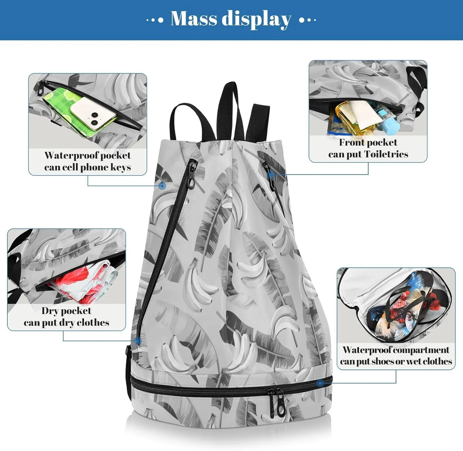 Poeticcity Gym Swimming Drawstring Bags Daypacks Backpack Purse Casual Knapsack Shoulder Bag Sitting Rucksack Seamless Black Grey Banana Leaves and Bananas on Grey