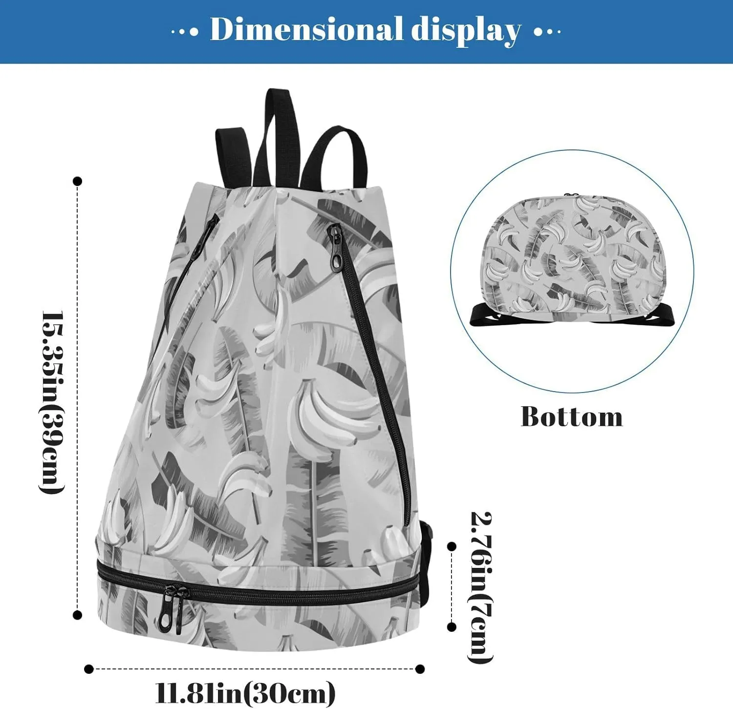 Poeticcity Gym Swimming Drawstring Bags Daypacks Backpack Purse Casual Knapsack Shoulder Bag Sitting Rucksack Seamless Black Grey Banana Leaves and Bananas on Grey
