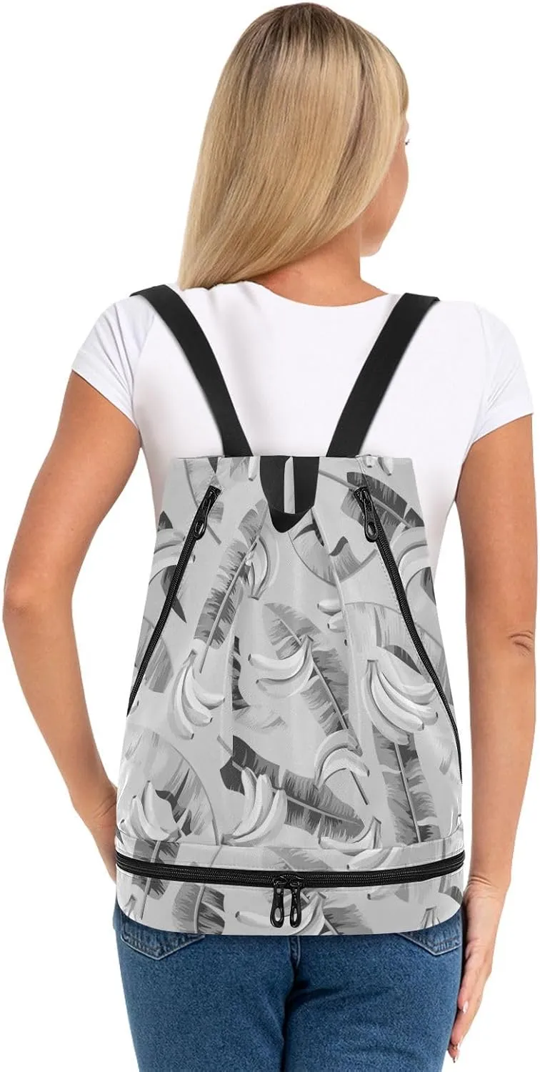 Poeticcity Gym Swimming Drawstring Bags Daypacks Backpack Purse Casual Knapsack Shoulder Bag Sitting Rucksack Seamless Black Grey Banana Leaves and Bananas on Grey