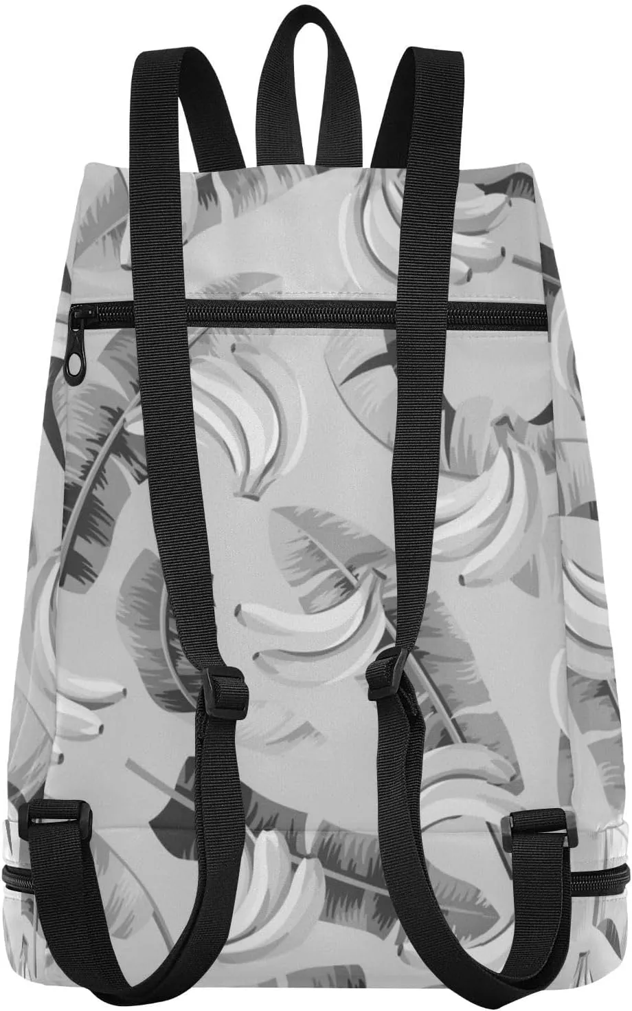 Poeticcity Gym Swimming Drawstring Bags Daypacks Backpack Purse Casual Knapsack Shoulder Bag Sitting Rucksack Seamless Black Grey Banana Leaves and Bananas on Grey