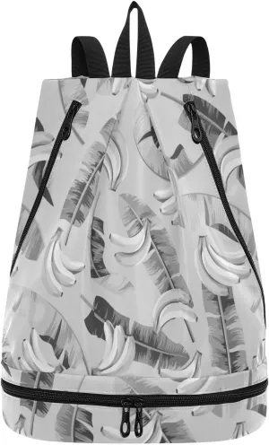 Poeticcity Gym Swimming Drawstring Bags Daypacks Backpack Purse Casual Knapsack Shoulder Bag Sitting Rucksack Seamless Black Grey Banana Leaves and Bananas on Grey
