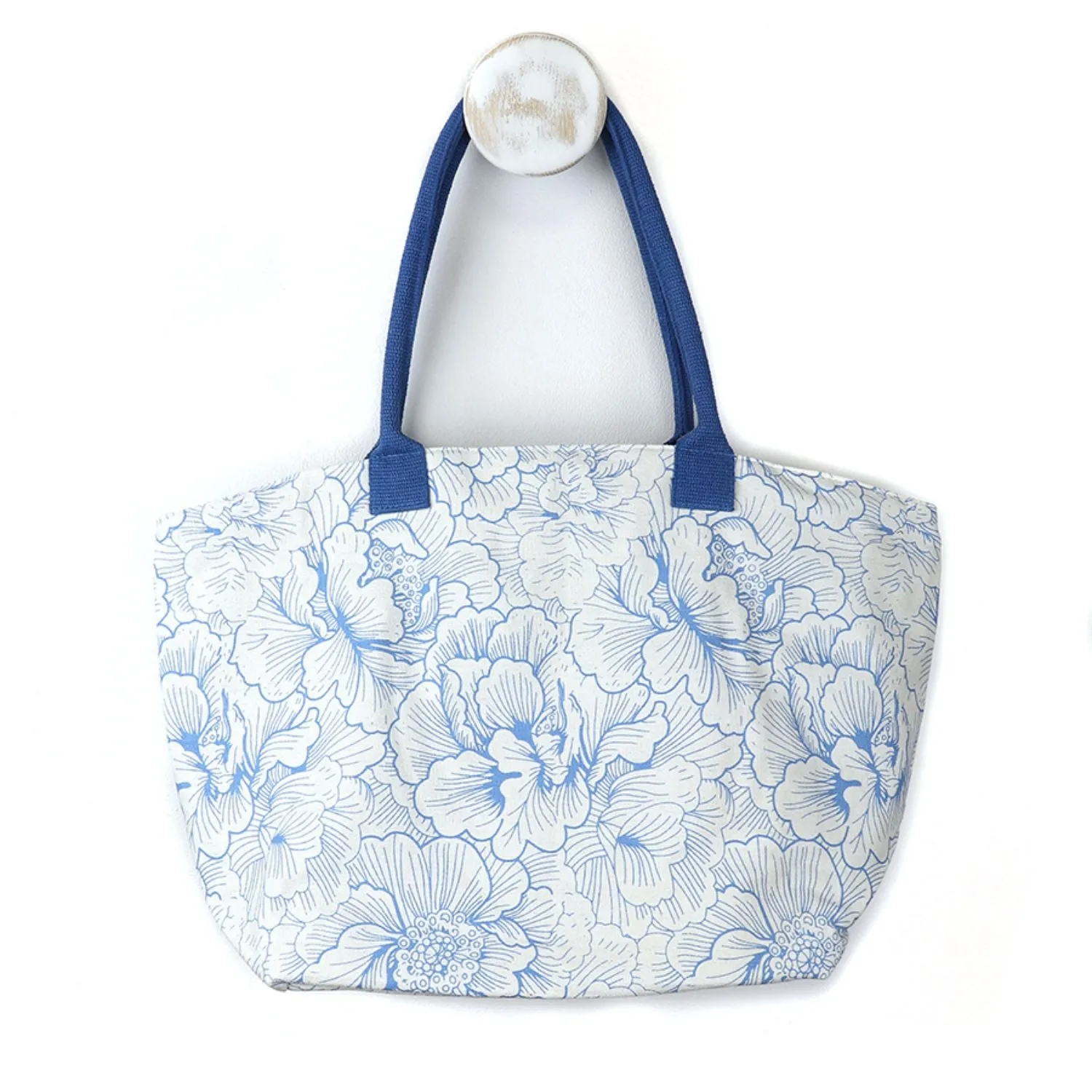 POM Cotton White & Blue Floral Tote Bag