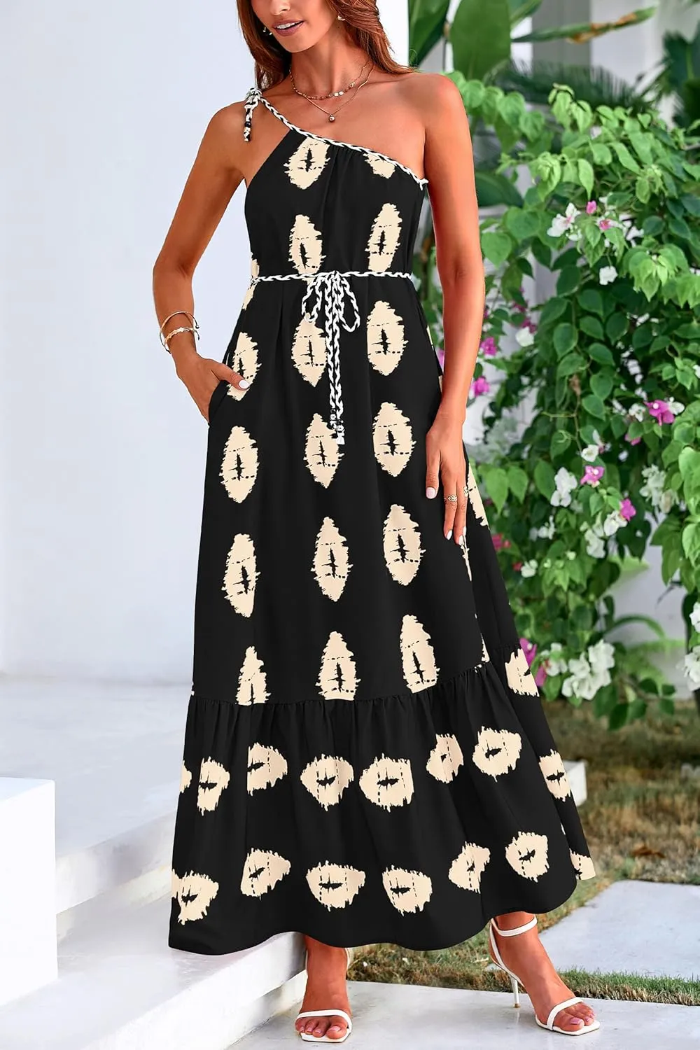 PRETTYGARDEN Women's 2025 Summer Maxi Dresses One Shoulder Printed Flowy Boho Beach Vacation Long Sundress