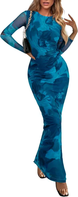 PRETTYGARDEN Women's Bodycon Maxi Dress Fall Spring Fashion Long Sleeve Floral Print Tight Fitted Party Club Ruched Dresses