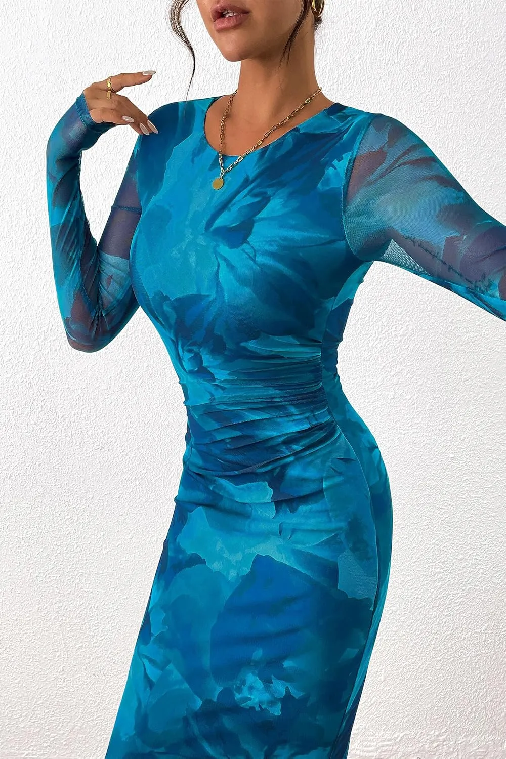 PRETTYGARDEN Women's Bodycon Maxi Dress Fall Spring Fashion Long Sleeve Floral Print Tight Fitted Party Club Ruched Dresses
