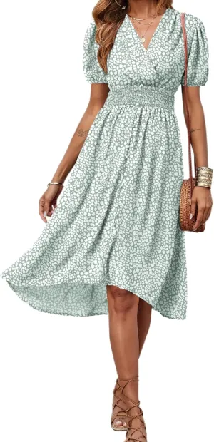 PRETTYGARDEN Women's Floral Wrap V-Neck Midi Dress Short Sleeve Boho Summer Beach Long Dress High Low Hem Smocked Dress Women