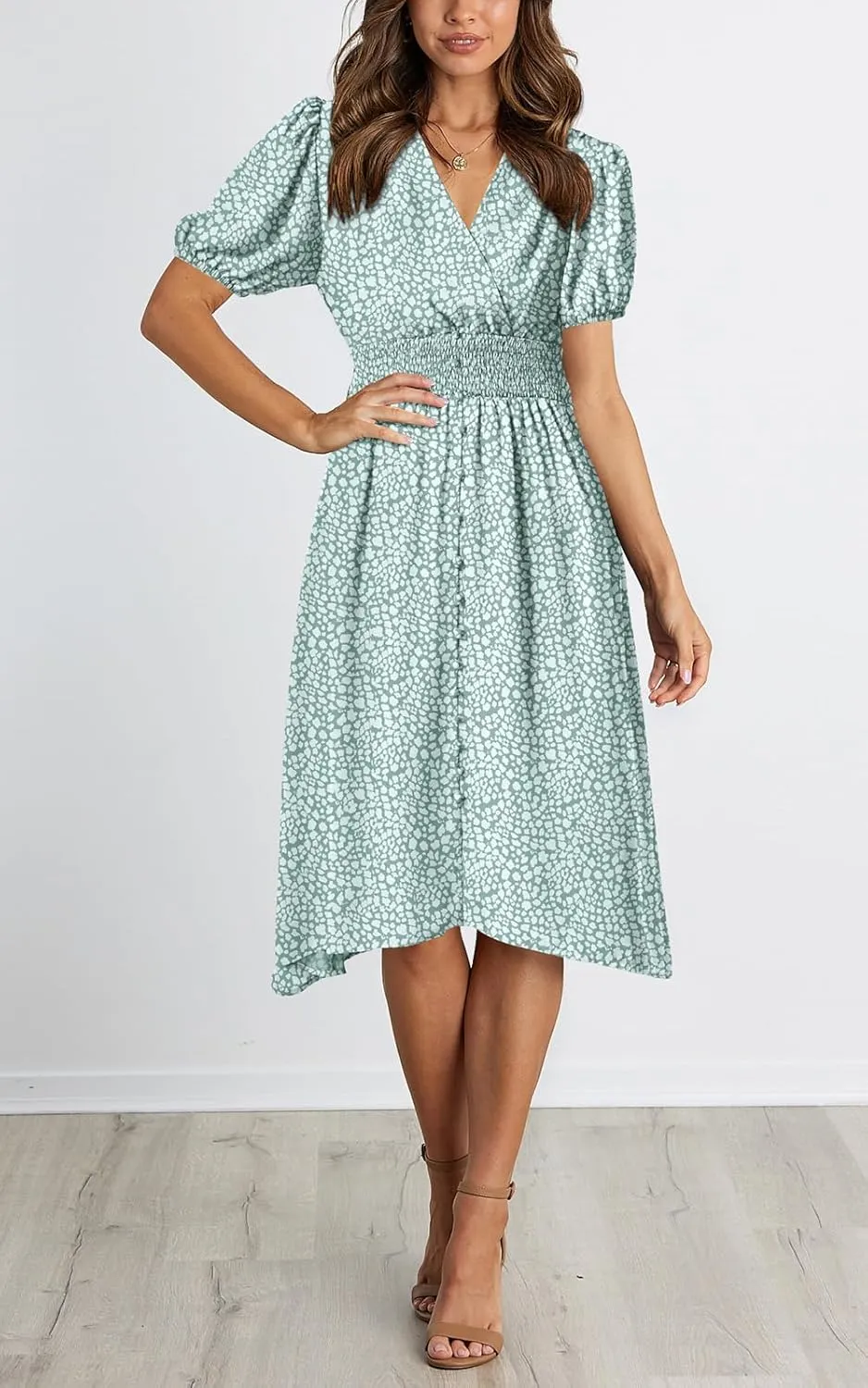 PRETTYGARDEN Women's Floral Wrap V-Neck Midi Dress Short Sleeve Boho Summer Beach Long Dress High Low Hem Smocked Dress Women