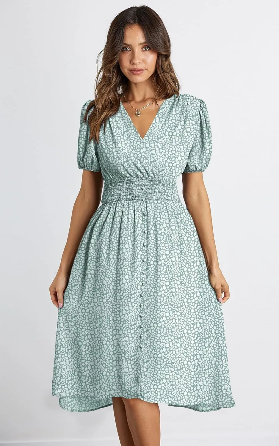 PRETTYGARDEN Women's Floral Wrap V-Neck Midi Dress Short Sleeve Boho Summer Beach Long Dress High Low Hem Smocked Dress Women