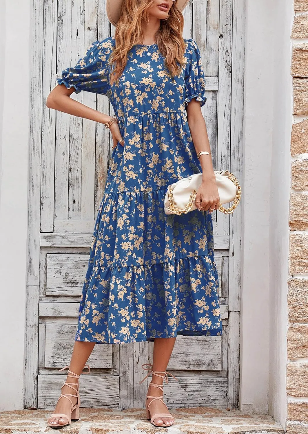 PRETTYGARDEN Women's Summer Casual Floral Boho Dress Puff Short Sleeve Ruffle Flowy Beach Party Midi Dresses