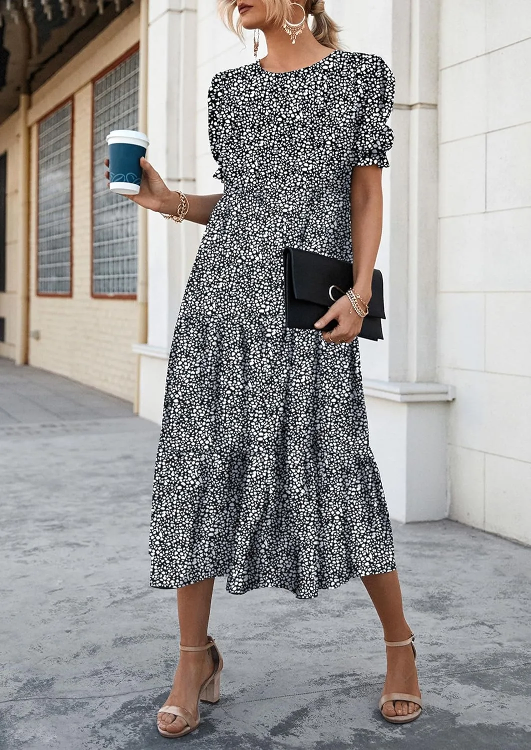 PRETTYGARDEN Women's Summer Casual Floral Boho Dress Puff Short Sleeve Ruffle Flowy Beach Party Midi Dresses