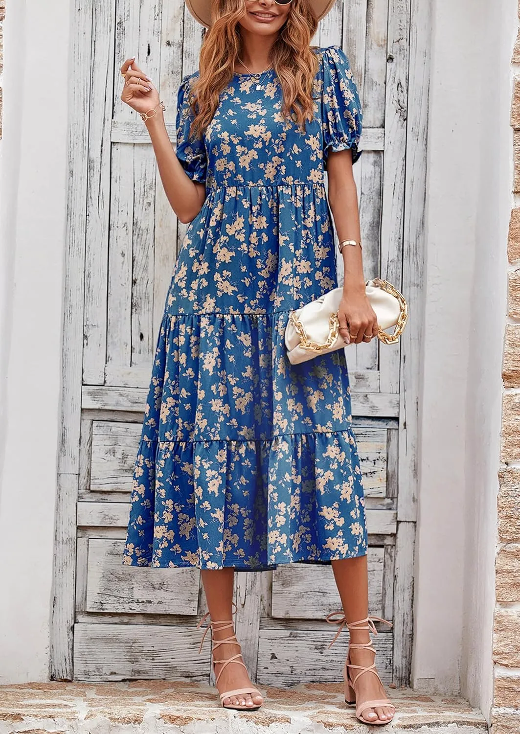 PRETTYGARDEN Women's Summer Casual Floral Boho Dress Puff Short Sleeve Ruffle Flowy Beach Party Midi Dresses