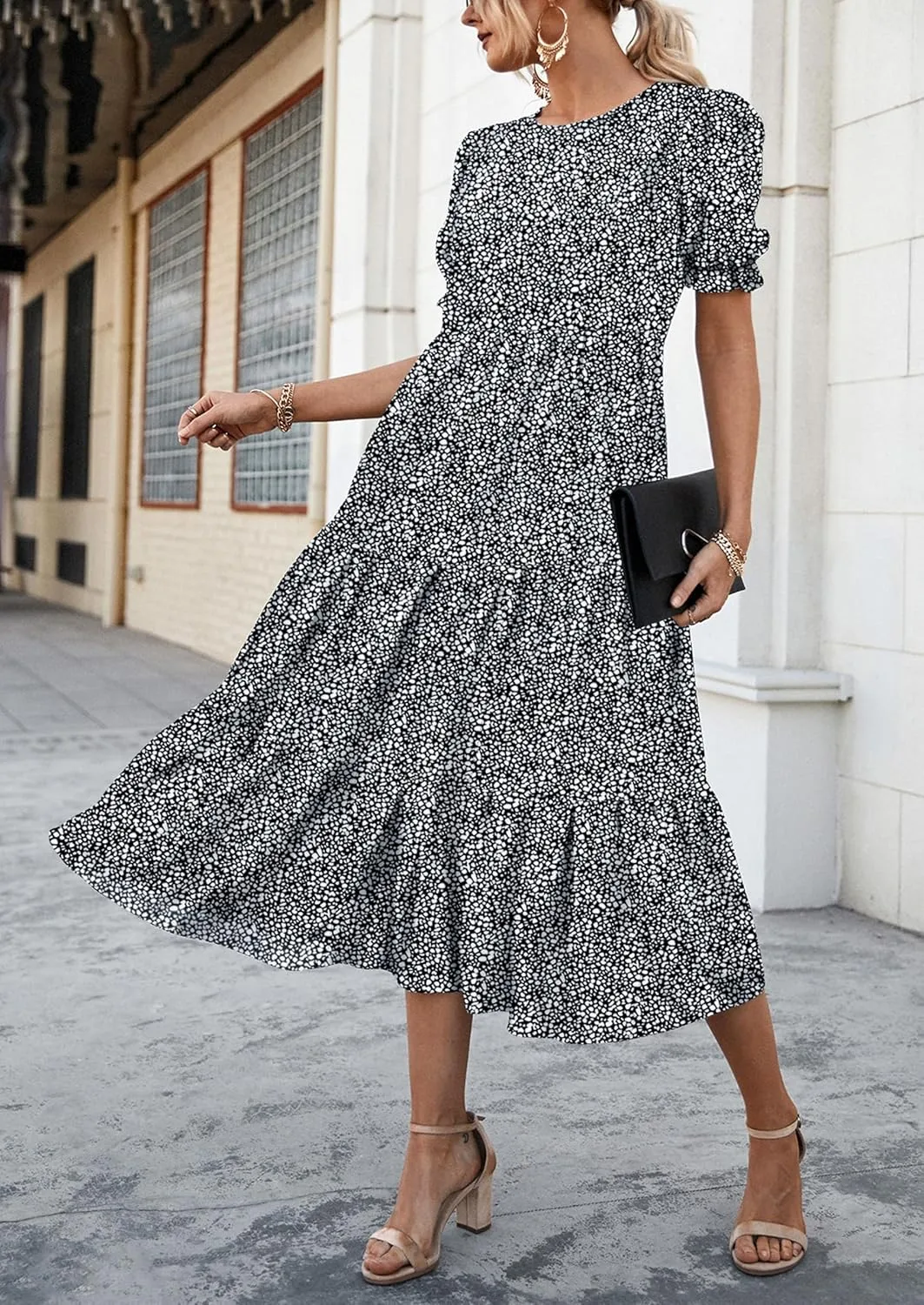 PRETTYGARDEN Women's Summer Casual Floral Boho Dress Puff Short Sleeve Ruffle Flowy Beach Party Midi Dresses
