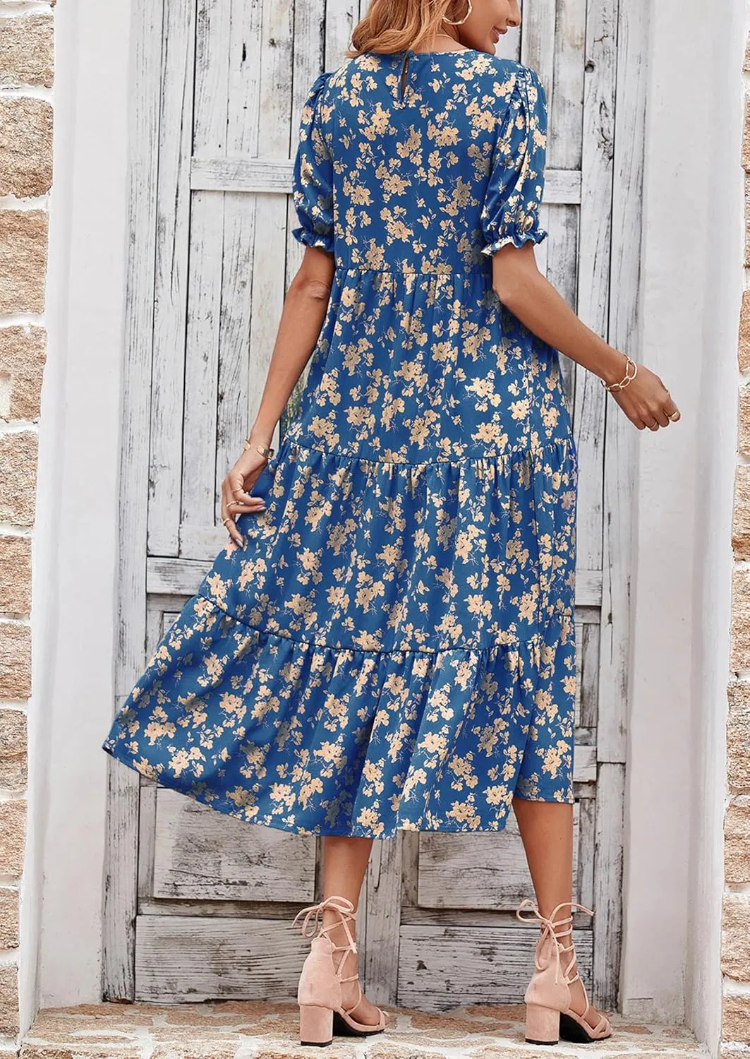 PRETTYGARDEN Women's Summer Casual Floral Boho Dress Puff Short Sleeve Ruffle Flowy Beach Party Midi Dresses