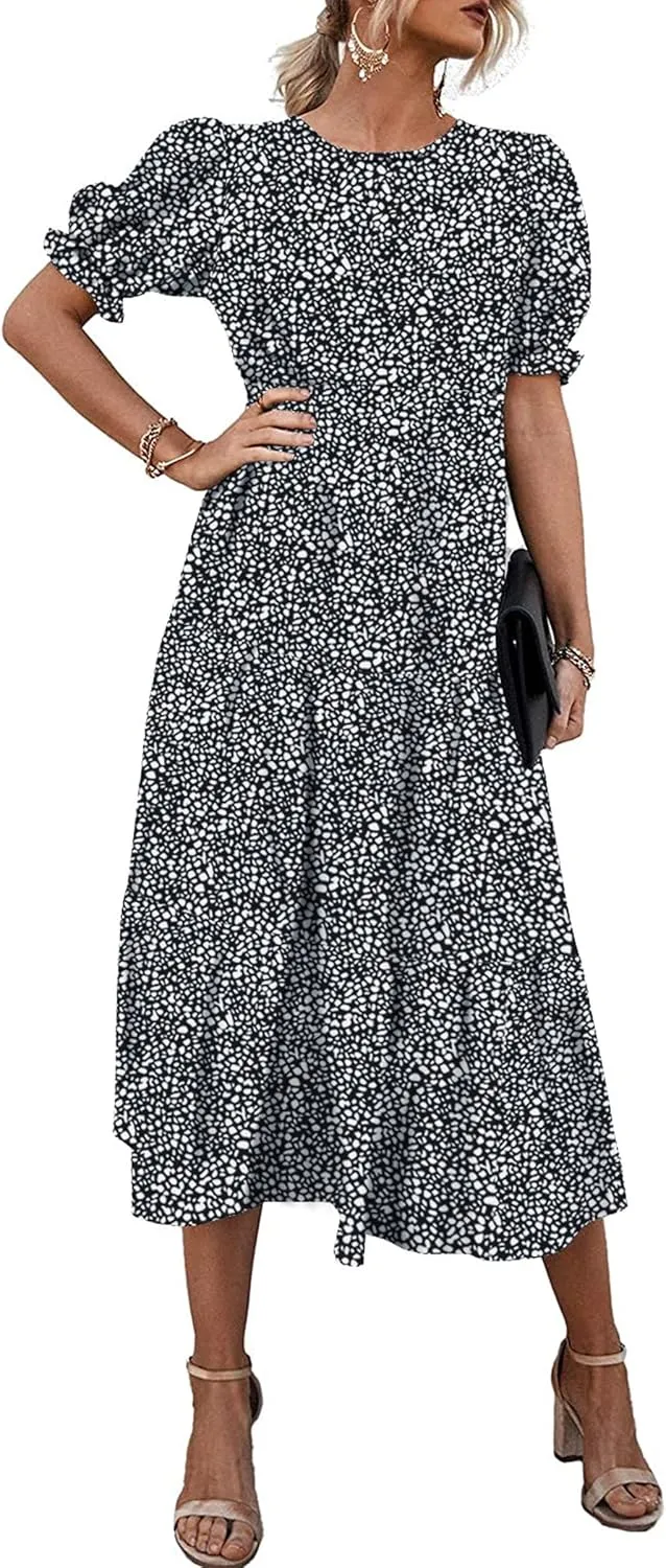 PRETTYGARDEN Women's Summer Casual Floral Boho Dress Puff Short Sleeve Ruffle Flowy Beach Party Midi Dresses