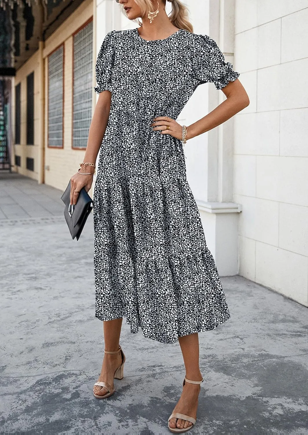 PRETTYGARDEN Women's Summer Casual Floral Boho Dress Puff Short Sleeve Ruffle Flowy Beach Party Midi Dresses