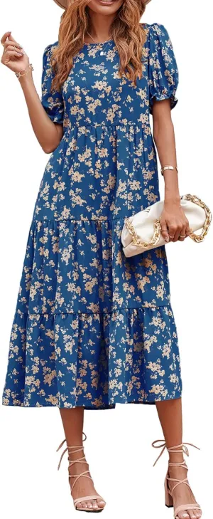 PRETTYGARDEN Women's Summer Casual Floral Boho Dress Puff Short Sleeve Ruffle Flowy Beach Party Midi Dresses