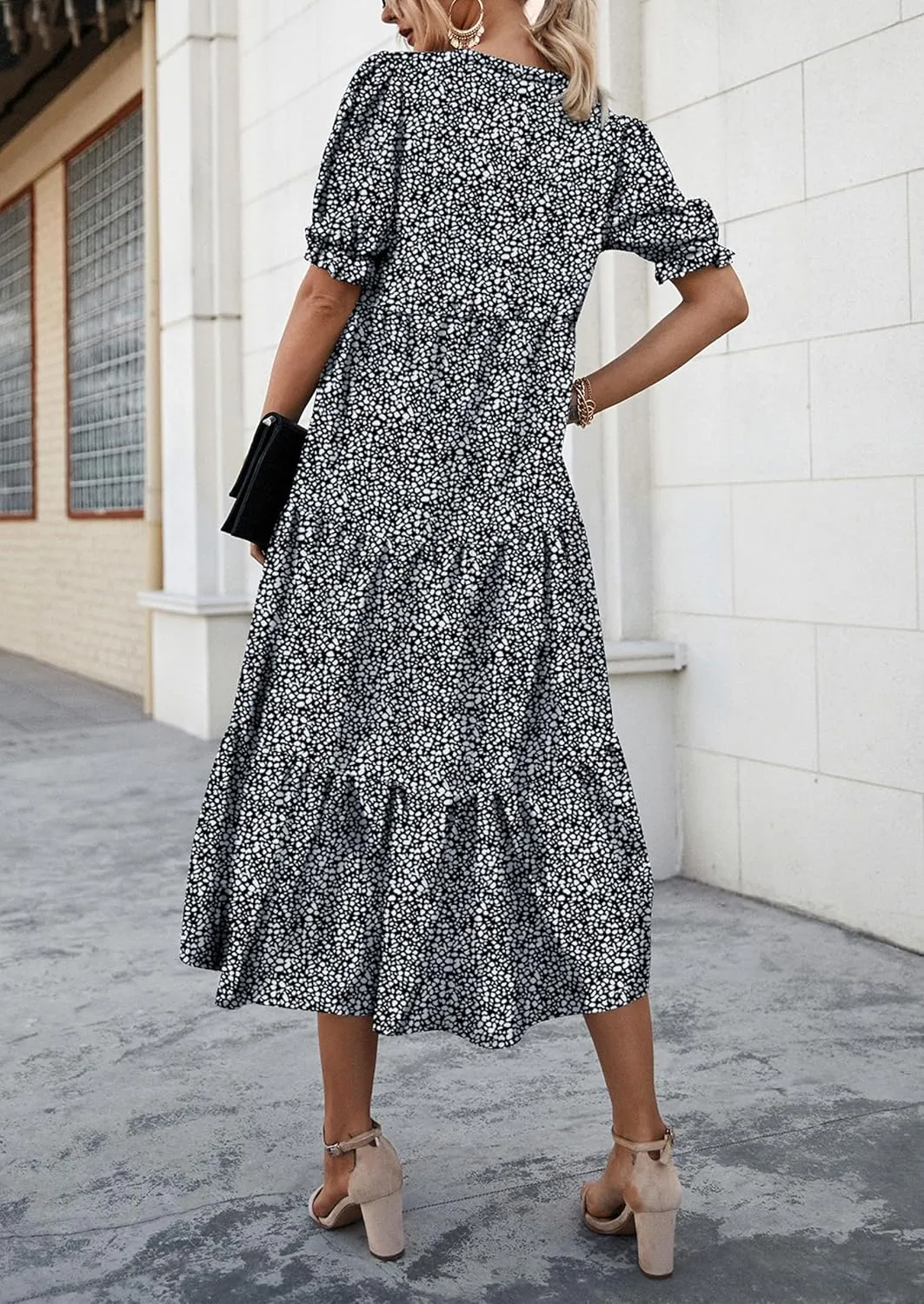 PRETTYGARDEN Women's Summer Casual Floral Boho Dress Puff Short Sleeve Ruffle Flowy Beach Party Midi Dresses
