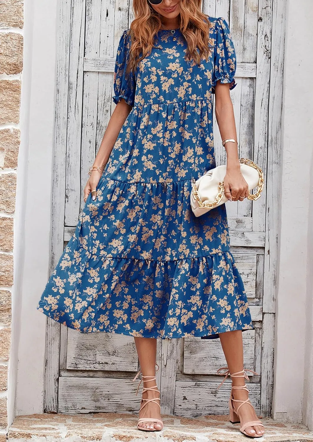 PRETTYGARDEN Women's Summer Casual Floral Boho Dress Puff Short Sleeve Ruffle Flowy Beach Party Midi Dresses