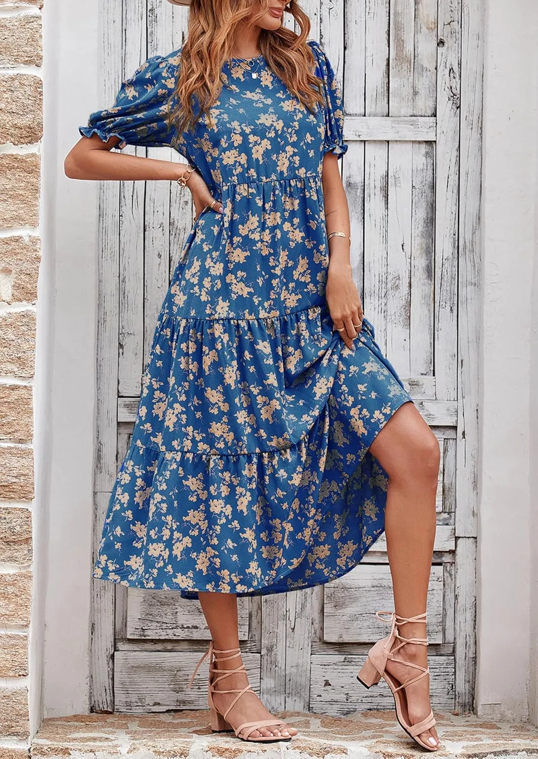 PRETTYGARDEN Women's Summer Casual Floral Boho Dress Puff Short Sleeve Ruffle Flowy Beach Party Midi Dresses