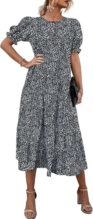PRETTYGARDEN Women's Summer Casual Floral Boho Dress Puff Short Sleeve Ruffle Flowy Beach Party Midi Dresses