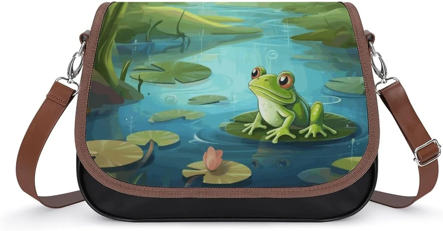 PU Leather Crossbody Bag,Frog in A Pond Print Shoulder Bag,Flapover Crossbody Bag