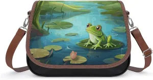 PU Leather Crossbody Bag,Frog in A Pond Print Shoulder Bag,Flapover Crossbody Bag