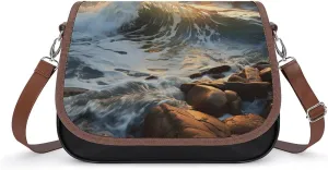 PU Leather Crossbody Bag,Rocky Wave Sunset Print Shoulder Bag,Flapover Crossbody Bag