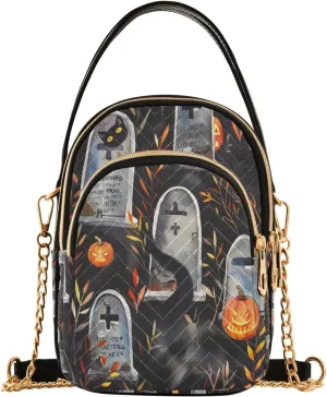 Pumpkins and Tombstones Crossbody Handbags for Women Casual Leather Shoulder Phone Purse