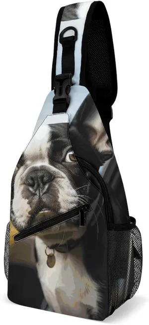 Puppy Dog Boston Crossbody Sling Bag for Women Men Casual Sling Backpack Travel Chest Bag Lightweight Chest Pack Man Purse Shoulder Bags Side Backpack Daypack for Travel Hiking Cycling