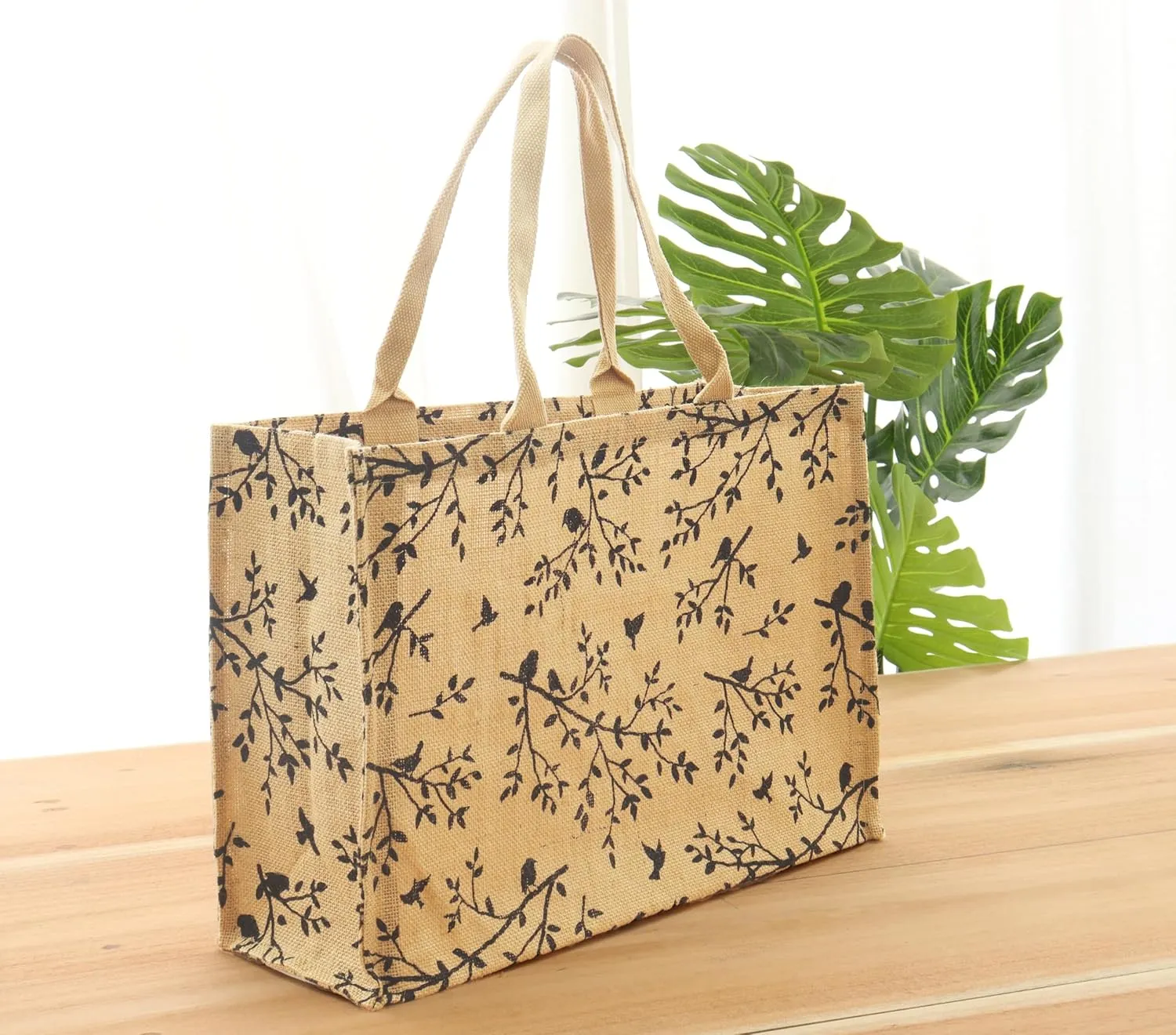 PurpleEssences Jute Tote Bags, Burlap Bags with Laminated Interior and Soft Handles Woven Large Beach Handbag Shoulder Bag