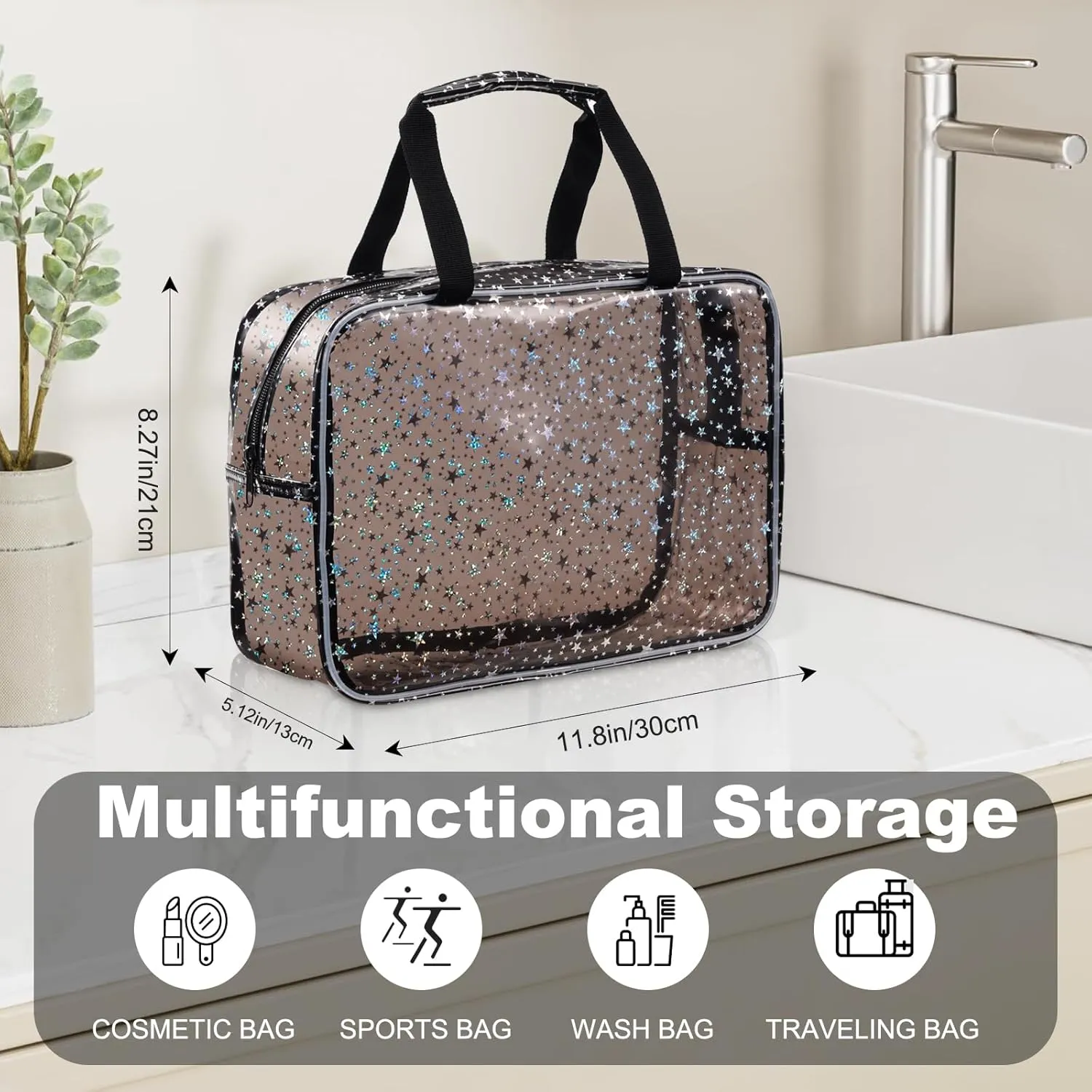 PVC Clear Makeup Bag for Women Waterproof Star Make Up Bag Toiletry Bag Travel Durable Cosmetic Bag Large Cute Tote Bag Organizer Makeup Pouch, Black