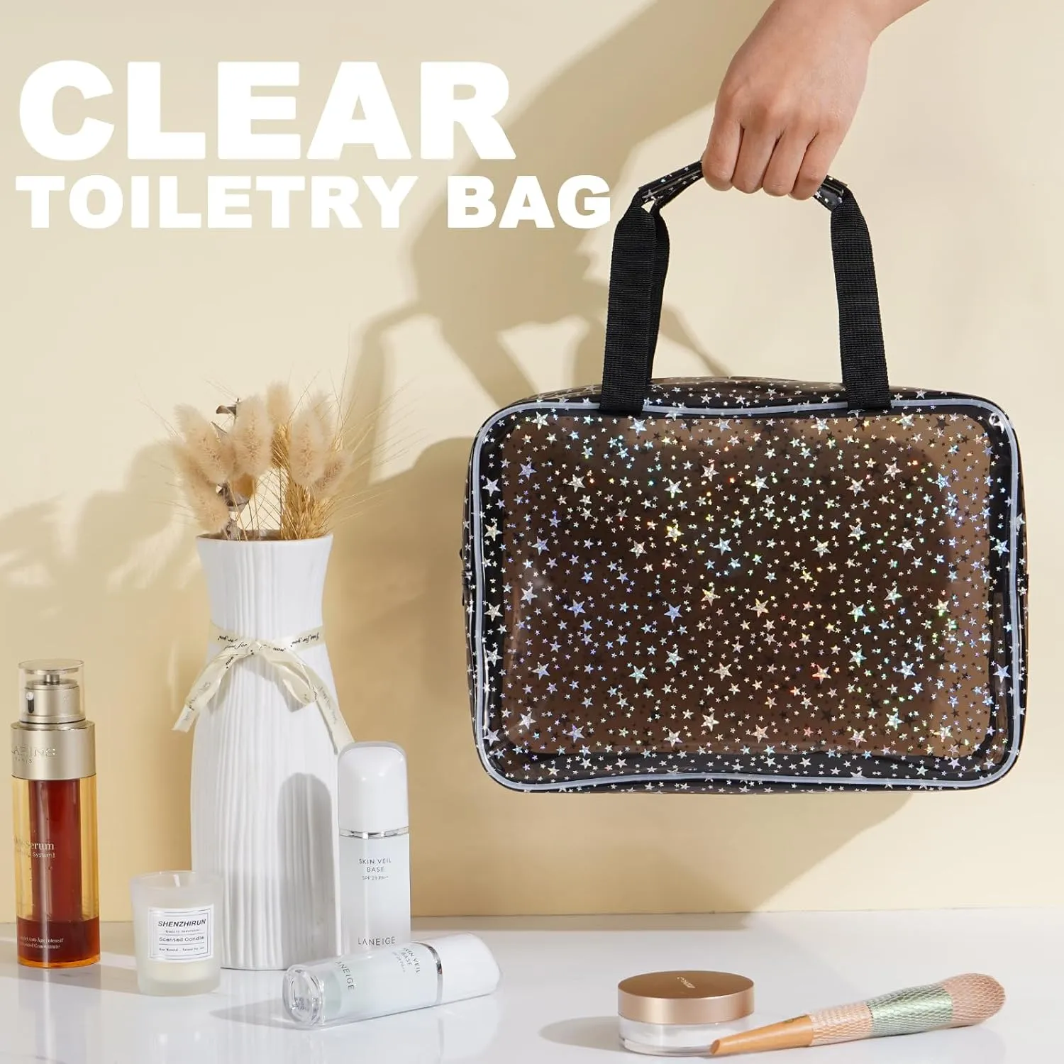 PVC Clear Makeup Bag for Women Waterproof Star Make Up Bag Toiletry Bag Travel Durable Cosmetic Bag Large Cute Tote Bag Organizer Makeup Pouch, Black