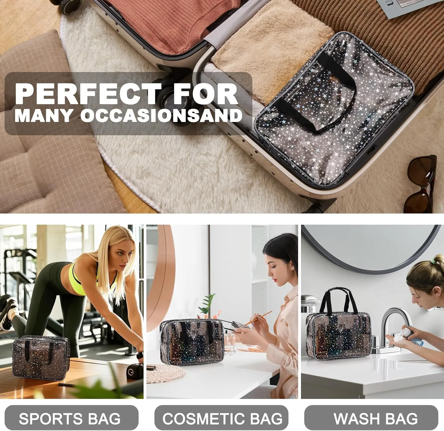 PVC Clear Makeup Bag for Women Waterproof Star Make Up Bag Toiletry Bag Travel Durable Cosmetic Bag Large Cute Tote Bag Organizer Makeup Pouch, Black