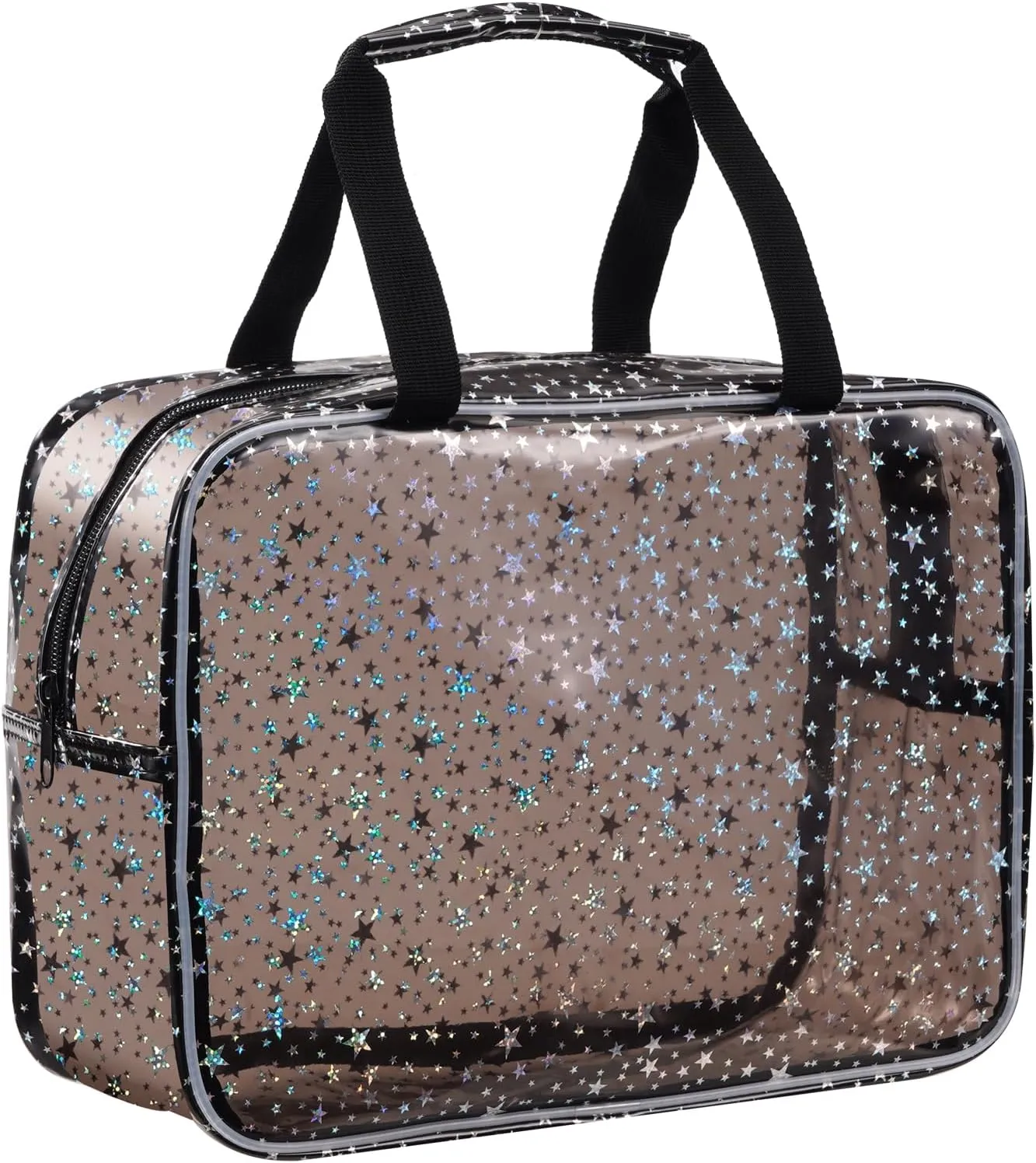 PVC Clear Makeup Bag for Women Waterproof Star Make Up Bag Toiletry Bag Travel Durable Cosmetic Bag Large Cute Tote Bag Organizer Makeup Pouch, Black