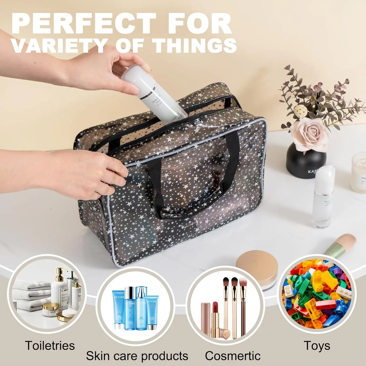 PVC Clear Makeup Bag for Women Waterproof Star Make Up Bag Toiletry Bag Travel Durable Cosmetic Bag Large Cute Tote Bag Organizer Makeup Pouch, Black