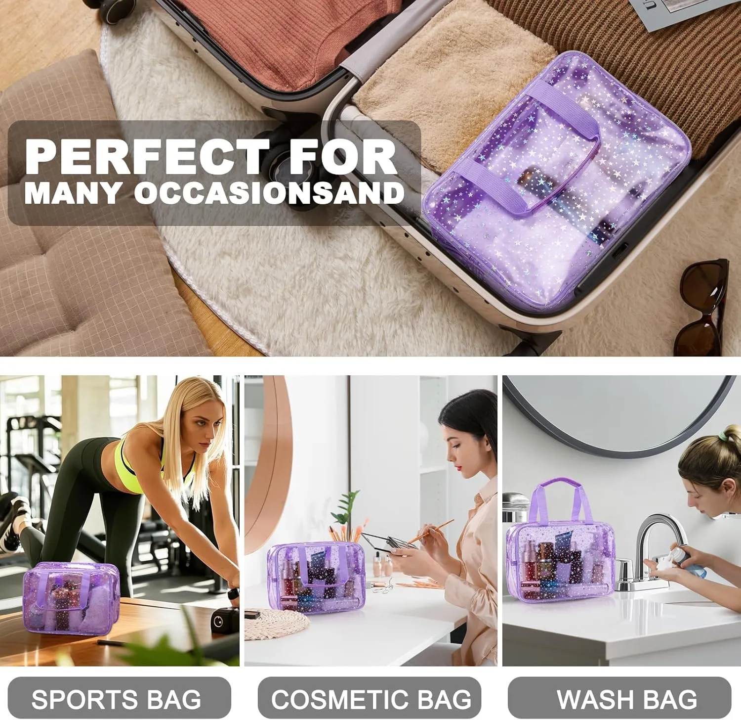 PVC Clear Makeup Bag for Women Waterproof Star Make Up Bag Toiletry Bag Travel Durable Cosmetic Bag Large Cute Tote Bag Organizer Makeup Pouch, Purple