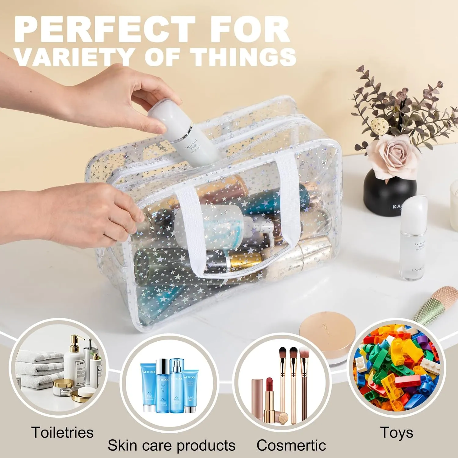 PVC Clear Makeup Bag for Women Waterproof Star Make Up Bag Toiletry Bag Travel Durable Cosmetic Bag Large Cute Tote Bag Organizer Makeup Pouch