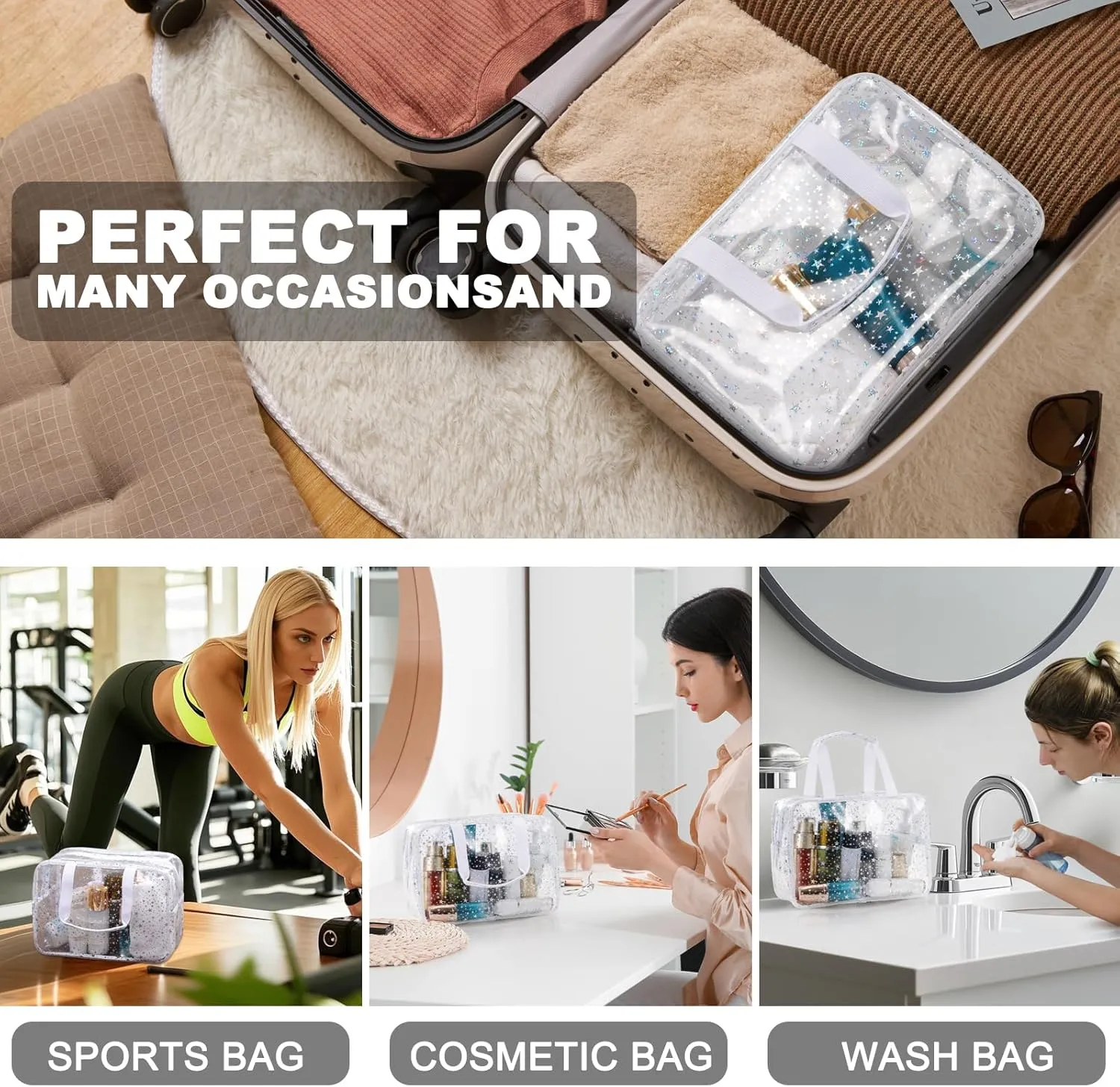 PVC Clear Makeup Bag for Women Waterproof Star Make Up Bag Toiletry Bag Travel Durable Cosmetic Bag Large Cute Tote Bag Organizer Makeup Pouch