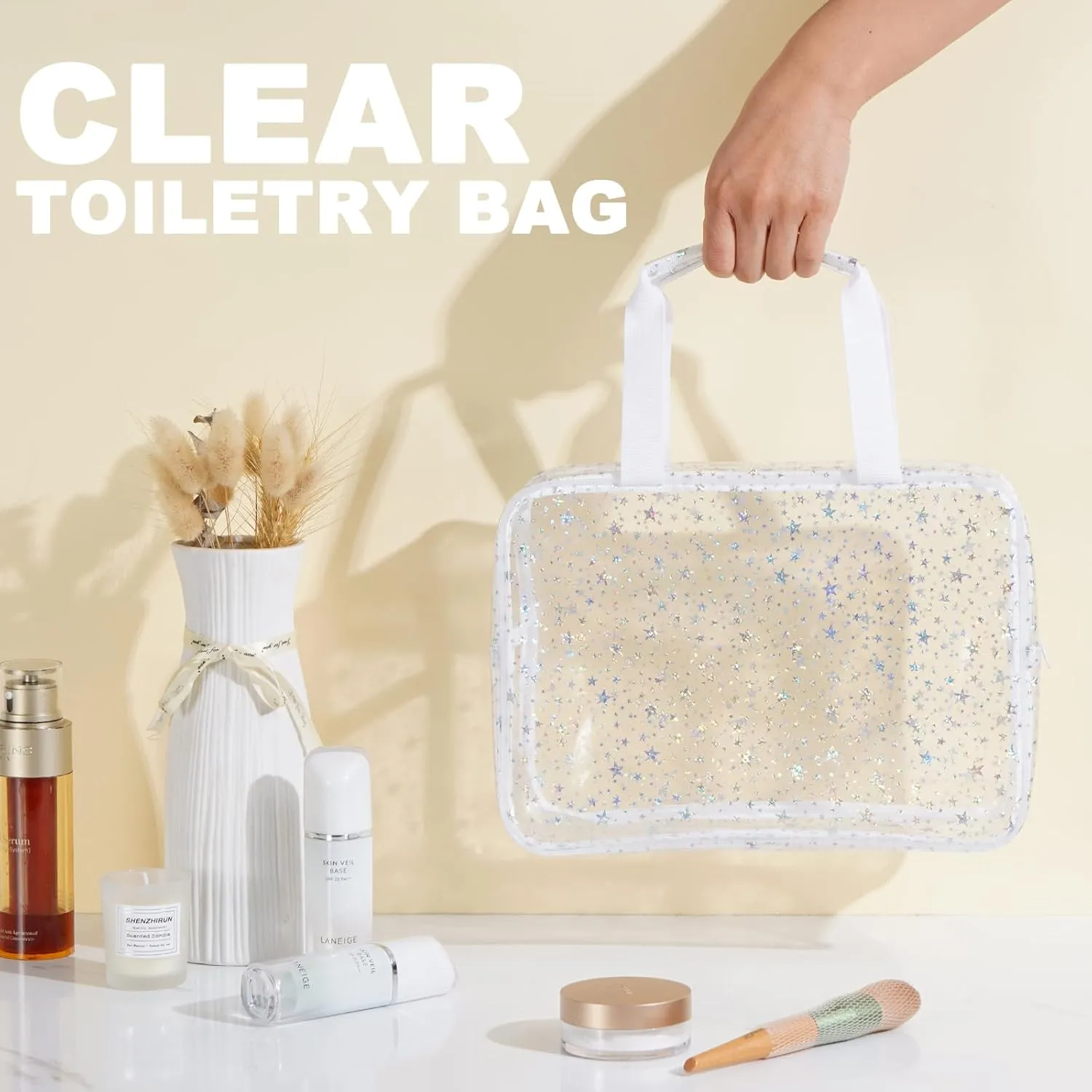 PVC Clear Makeup Bag for Women Waterproof Star Make Up Bag Toiletry Bag Travel Durable Cosmetic Bag Large Cute Tote Bag Organizer Makeup Pouch