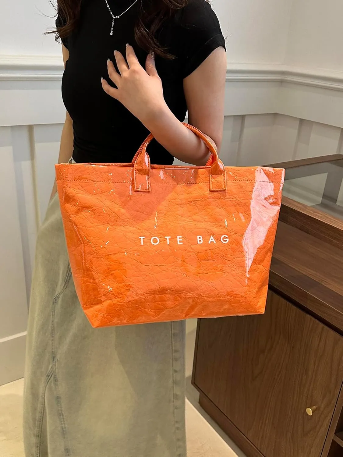 PVC Letter Print Tote Bag Large Women's Work Tote Bag 2pcs Clear Plastic Bag Top Handle Hobo Bag 2024 Trending Handbag
