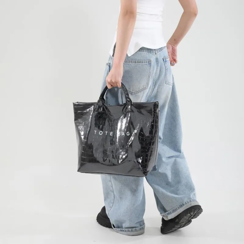 PVC Tote Bag Clear Plastic Tote Bag for Women Letters Print Work Handbag Crocodile Pattern Leather Handbag