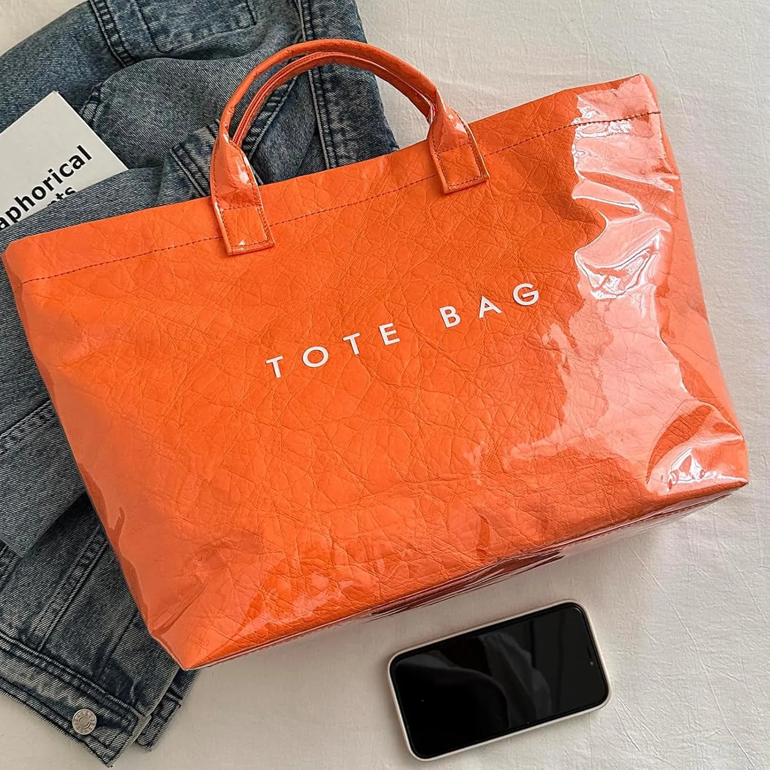 PVC Tote Bag for Women Kraft Paper Large Tote Bag Fashion Paper Bag Trendy Letter Print Tote Bag Top Handle